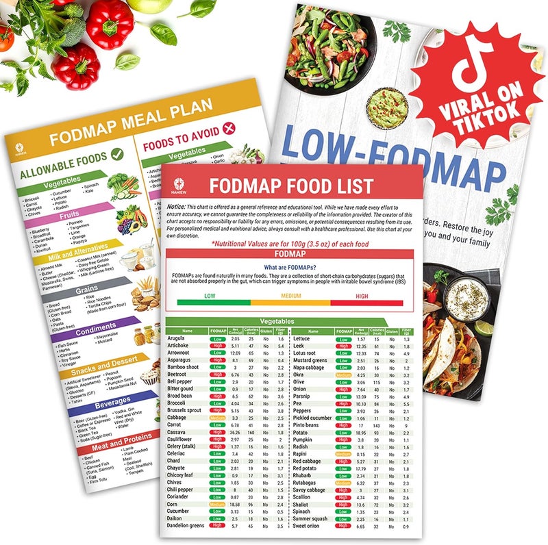 HAMIEW Set 3 Low FODMAP Food List Chart & Meal Plan for IBS, SIBO, Bloating – Laminated Diet Guide w/Serving Size, Net Carbs, Calories, Gluten, Fiber – Elimination Diet Recipes for Beginners - Image 1